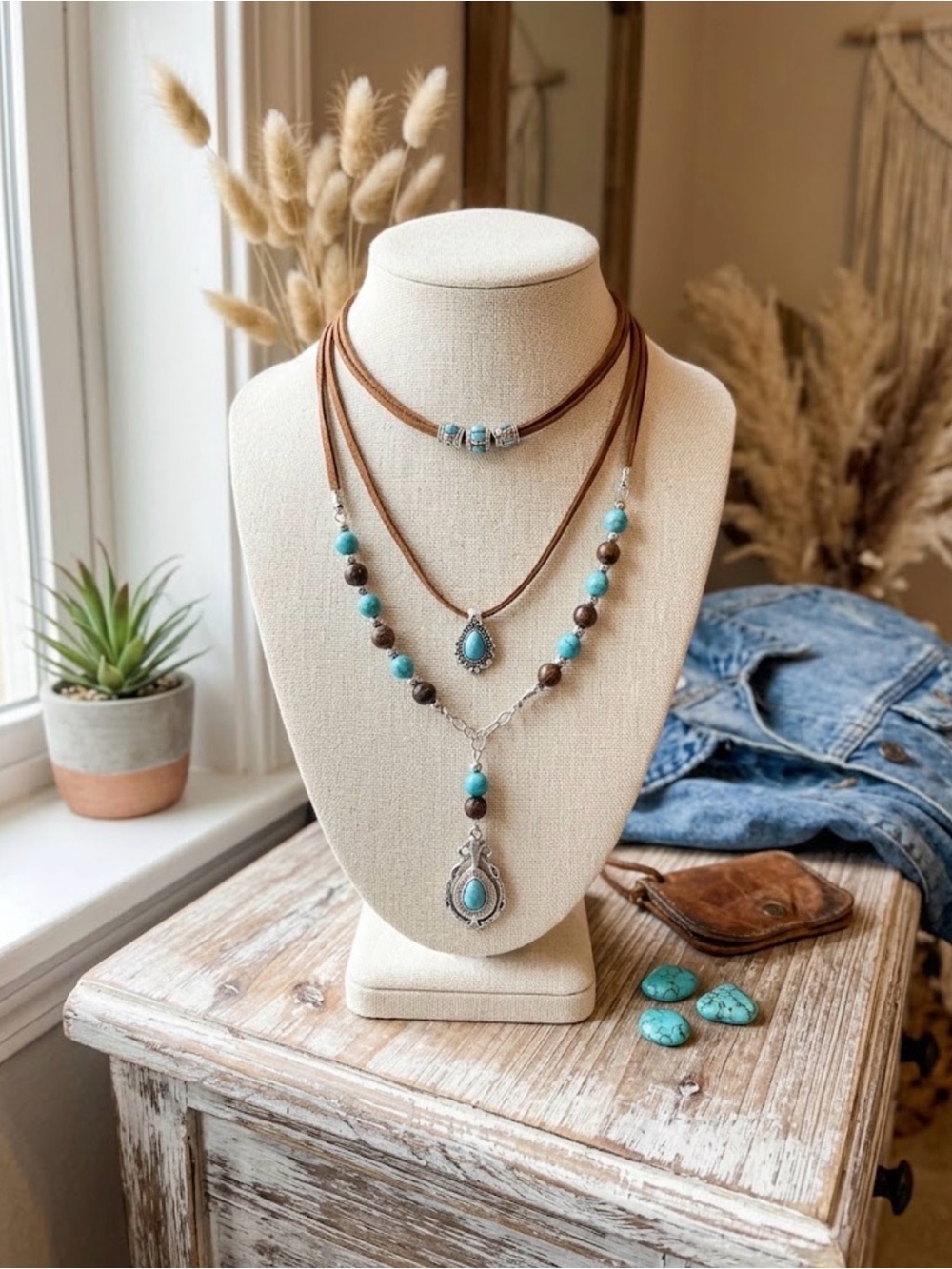 ✨ Southwestern Layered Turquoise & Suede Pendant Necklace • Western Boho ✨